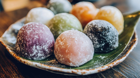 A set of colorful mochi placed on a leaf-shaped ceramic dish, with different fillings like red bean and matcha cream, showcasing the variety. --chaosの素材
