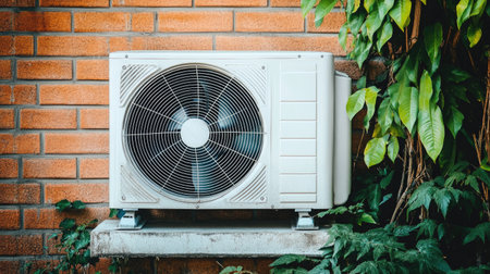 A residential outdoor air conditioning unit placed on a concrete slab, next to a brick wall. Green plants are visible in the background. --chaosの素材