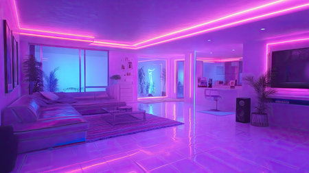 A room bathed in neon lights in purple and blue hues, creating a vibrant and moody atmosphere. Sleek furnishings add a stylish touch. --chaosの素材