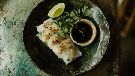 A serving plate of traditional spring rolls with a small dish of soy sauce, garnished with fresh herbs and a wedge of lime for added zest. --chaosの素材