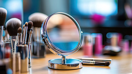 A round desktop makeup mirror with a sleek metal frame placed on a wooden vanity table, surrounded by makeup brushes and cosmetics. --chaosの素材