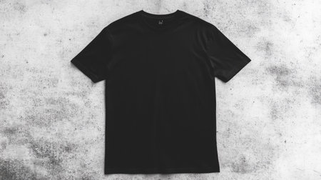 Blank black t-shirt lying flat on a textured concrete background. The shirt's plain design makes it suitable for mockups or promotional use. --chaosの素材