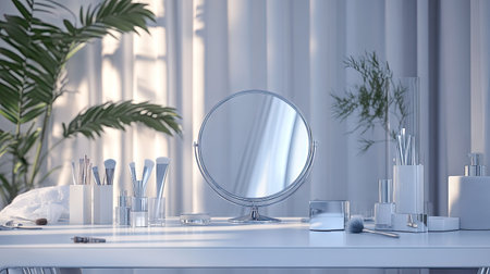 A sleek, modern desktop mirror with a silver finish, positioned on a makeup desk surrounded by scattered beauty products and accessories. --chaosの素材