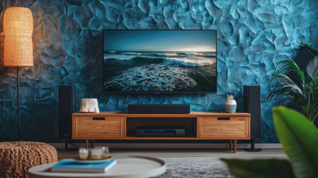 A TV mounted on a textured wall in a contemporary living room, with decorative elements and cozy lighting enhancing the atmosphere. --chaosの素材