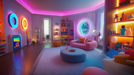 A small room with neon lighting in shades of pink and blue, casting colorful glows across the walls and furniture. Retro-inspired decorations. --chaosの素材