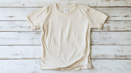 Blank beige t-shirt displayed on a light wooden background, lying flat with soft shadows to create a realistic and natural look. --chaosの素材
