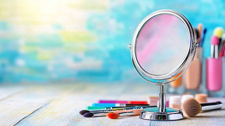 A small desktop makeup mirror with a chrome frame, standing on a light wooden surface, surrounded by colorful makeup items. --chaosの素材