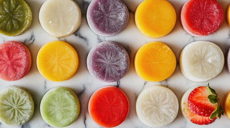 A variety of mochi desserts arranged on a marble background, each piece showcasing a different flavor, such as strawberry, matcha, and mango. --chaosの素材