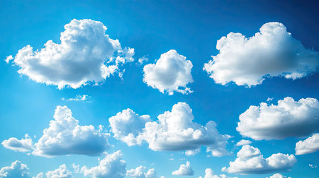 A wide panoramic view of white, fluffy fair-weather clouds floating in a deep blue sky, symbolizing the calmness of a clear, sunny day. --chaosの素材