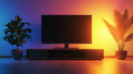 A TV screen placed on a sleek media stand in a room with warm lighting and contemporary decor, creating a stylish and inviting space. --chaosの素材