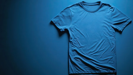 Blank blue t-shirt displayed on a minimalist background with soft shadows. The plain design highlights the texture and fabric of the garment. --chaosの素材