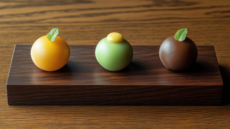 A trio of mochi desserts placed on a wooden board, each with a different filling, including red bean paste, matcha cream, and sweet mango. --chaosの素材
