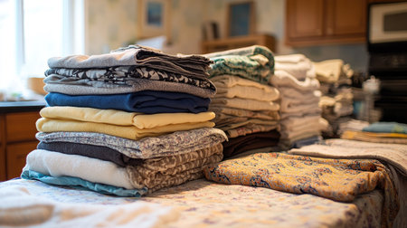 A tidy stack of clean, folded clothes, including fresh towels, arranged neatly on a table, showing a clean and organized laundry routine. --chaosの素材