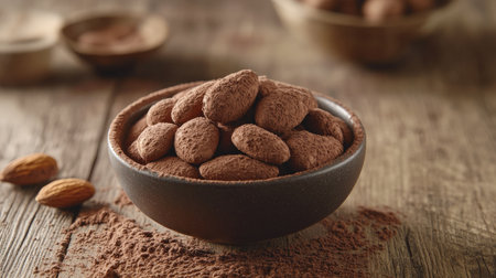 A small bowl of cocoa-coated chocolate almonds on a wooden table, with the rich cocoa dust creating a textured and indulgent appearance. --chaosの素材