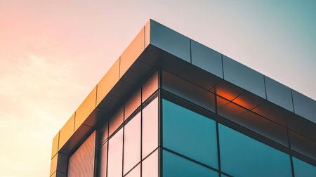 Aluminum window frame corner with a matte finish, showing the precision welds and the intersection of the metal elements against a bright sky. --chaosの素材