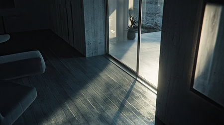 Aluminum frame detail with a reflective finish, highlighting the seamless lines where the metal meets the glass, with natural light creating shadows. --chaosの素材