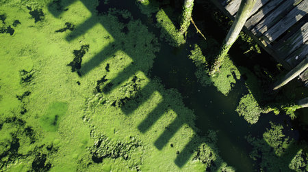 A green seaweed puddle near a pier, with the algae drifting gently in the water and wooden posts casting long shadows on the shore. --chaosの素材