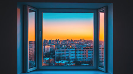 Aluminum window with a slim profile, showcasing the minimalist design and how the metal frame complements the transparent glass against a backdrop of cityscape. --chaosの素材