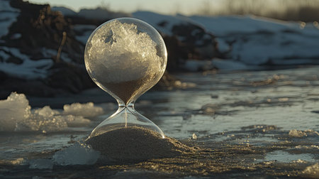 An hourglass with sand at the bottom and melting ice at the top, symbolizing the time-sensitive nature of global warming. --chaosの素材
