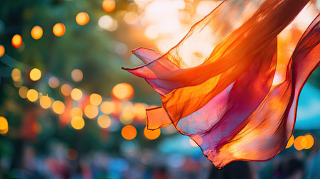 A colorful fabric blowing in the wind at a music festival, with blurred lights and people in the background, creating a sense of celebration. --chaosの素材