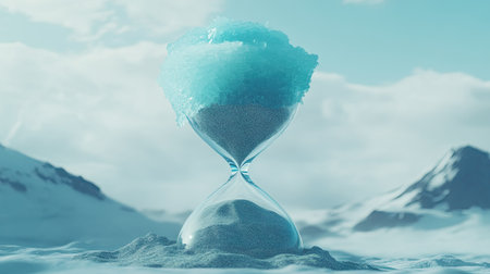 An hourglass with sand at the bottom and melting ice at the top, symbolizing the time-sensitive nature of global warming. --chaosの素材