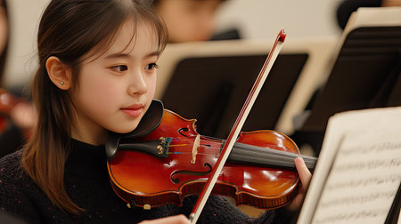 A child learning to play the violin in a music school, with an instructor guiding their hands and sheet music on a stand nearby. --chaosの素材