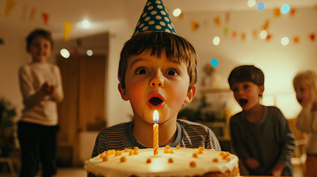 A child wearing a polka dot party hat blowing out the candle on a cake, with other children in the background watching eagerly, in a festive setting. --chaosの素材