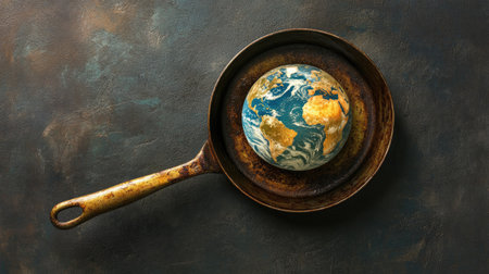 A globe placed in a frying pan, symbolizing the heating of the planet and global warming's impact on temperatures worldwide. --chaosの素材