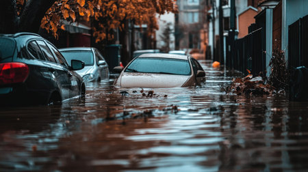 A city street submerged in floodwater, with cars half-buried, representing the impact of global warming on sea-level rise. --chaosの素材