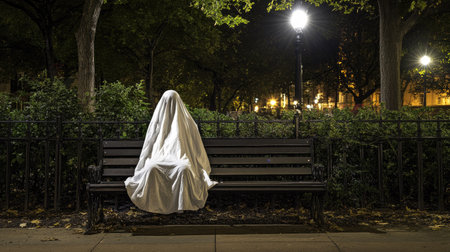 A figure dressed in a white sheet ghost costume sits alone on a park bench at night, under a dim streetlight. --chaosの素材