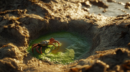 A green seaweed puddle on a muddy shoreline, with crabs scuttling nearby and the tide slowly creeping in, bringing movement to the scene. --chaosの素材