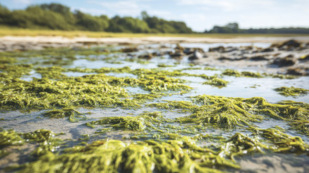 A green seaweed puddle at low tide, with the algae floating on the surface and wet rocks surrounding the pool under a bright sky. --chaosの素材