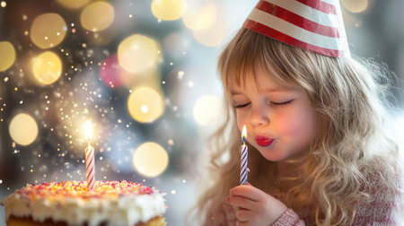 A child in a striped party hat blowing out a candle on a birthday cake, with a big smile and confetti falling in the background, capturing a fun moment. --chaosの素材
