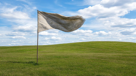 A cloth tied to a pole, fluttering in the wind on a grassy field, with clouds drifting by in the sky, evoking a sense of peace and open space. --chaosの素材