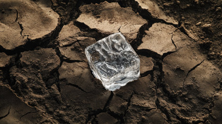 A cracked, dry earth with a melting ice cube on top, symbolizing the impact of global warming on polar ice caps and rising temperatures. --chaosの素材