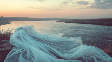 A cloth blowing in the wind on a bridge, with the river flowing beneath and the sky above showing the colors of dusk, evoking motion and passage. --chaosの素材