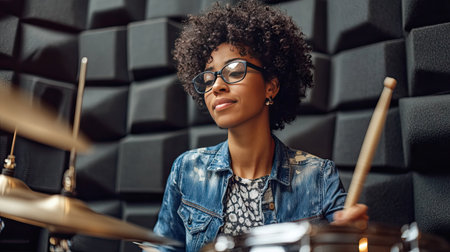 A drummer playing a snare drum in a sound studio, with soundproof panels in the background and a focused look on their face. --chaosの素材