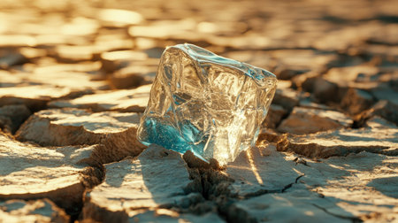 A cracked, dry earth with a melting ice cube on top, symbolizing the impact of global warming on polar ice caps and rising temperatures. --chaosの素材