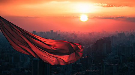 A cloth waving in the wind on top of a high-rise building, with the cityscape stretching far into the distance and the sun setting behind. --chaosの素材