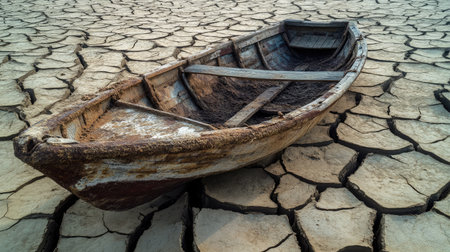 A dried-up lake bed with a rusted fishing boat lying on its side, representing water scarcity caused by global warming. --chaosの素材
