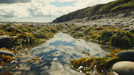 A green seaweed puddle on a rocky shore, with the vibrant algae covering the stones and shallow water reflecting the cloudy sky above. --chaosの素材
