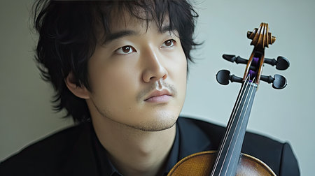 A close-up of a violin resting on a shoulder, with the musician's chin pressing down gently as they play, emphasizing technique. --chaosの素材