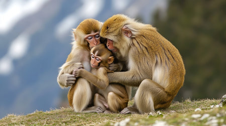 A family of monkeys grooming each other on a grassy hillside, with the young ones playfully interacting nearby, capturing a moment of connection. --chaosの素材
