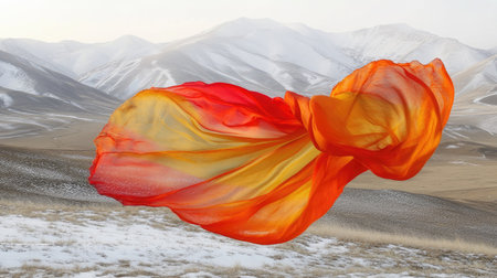 A colorful scarf blowing in the wind against a backdrop of snow-covered mountains, creating a stark contrast between the fabric and the landscape. --chaosの素材