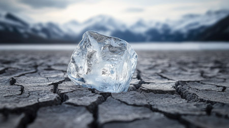 A cracked, dry earth with a melting ice cube on top, symbolizing the impact of global warming on polar ice caps and rising temperatures. --chaosの素材