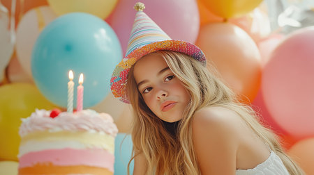 A girl in a festive party hat, leaning forward to blow out the candle on a colorful cake, with a backdrop of balloons and birthday decorations. --chaosの素材