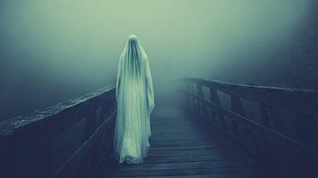 A ghostly apparition in a white dress walks along a wooden bridge shrouded in mist, leading into the darkness. --chaosの素材