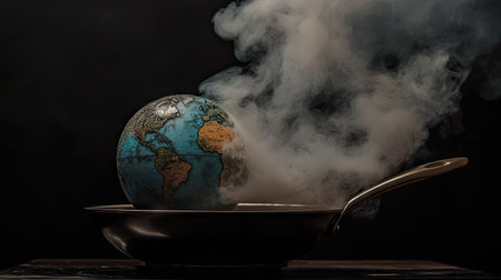 A globe placed in a frying pan, symbolizing the heating of the planet and global warming's impact on temperatures worldwide. --chaosの素材