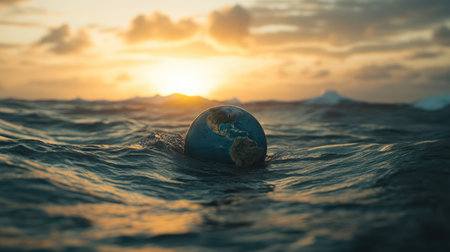 A globe partially submerged in water, with waves lapping at the continents, symbolizing rising sea levels from global warming. --chaosの素材