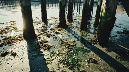 A green seaweed puddle near a pier, with the algae drifting gently in the water and wooden posts casting long shadows on the shore. --chaosの素材